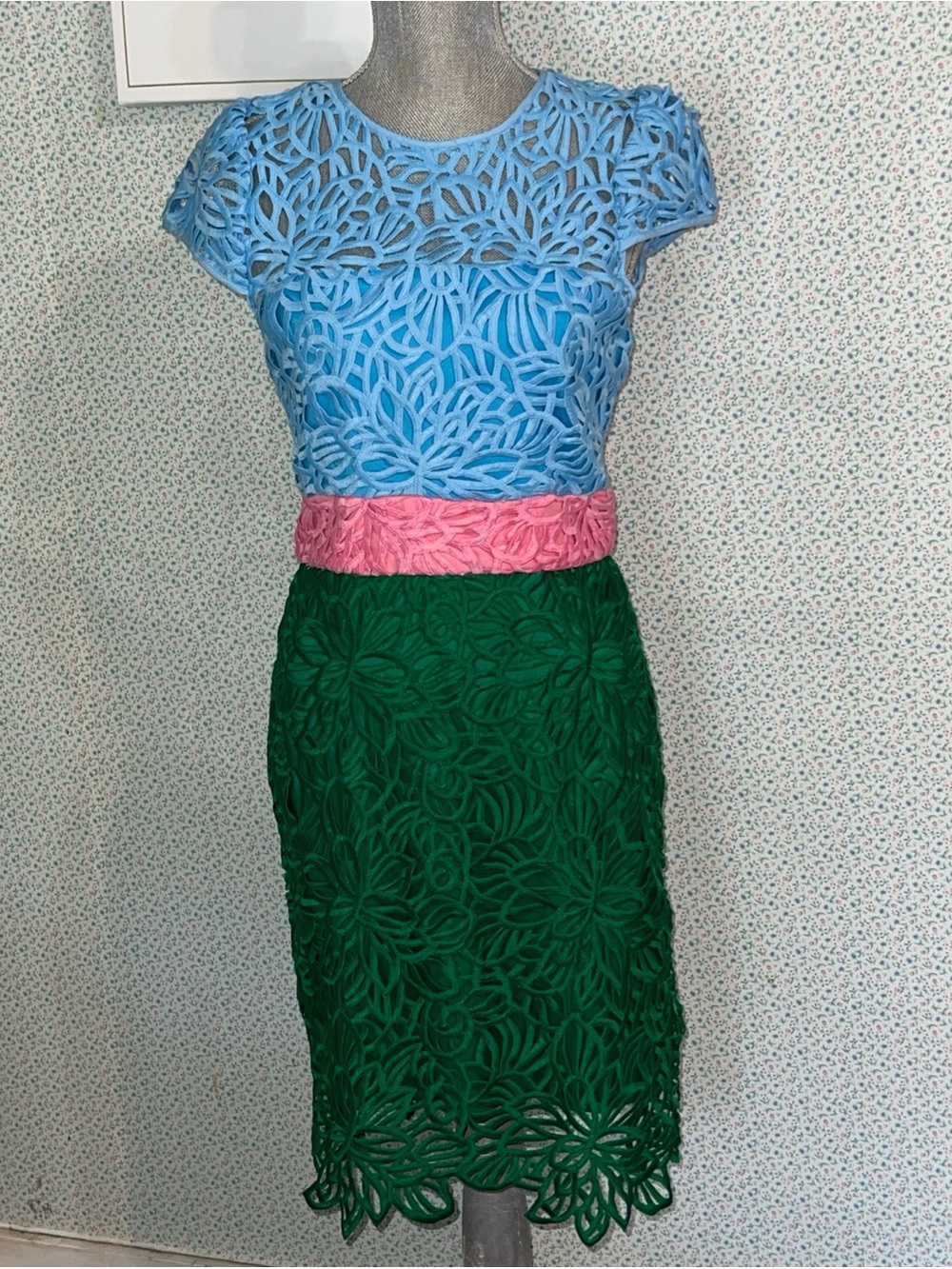 Milly Helen Women's Color Block Blue Green Pink Lace overlay Dress Size 6 NWT